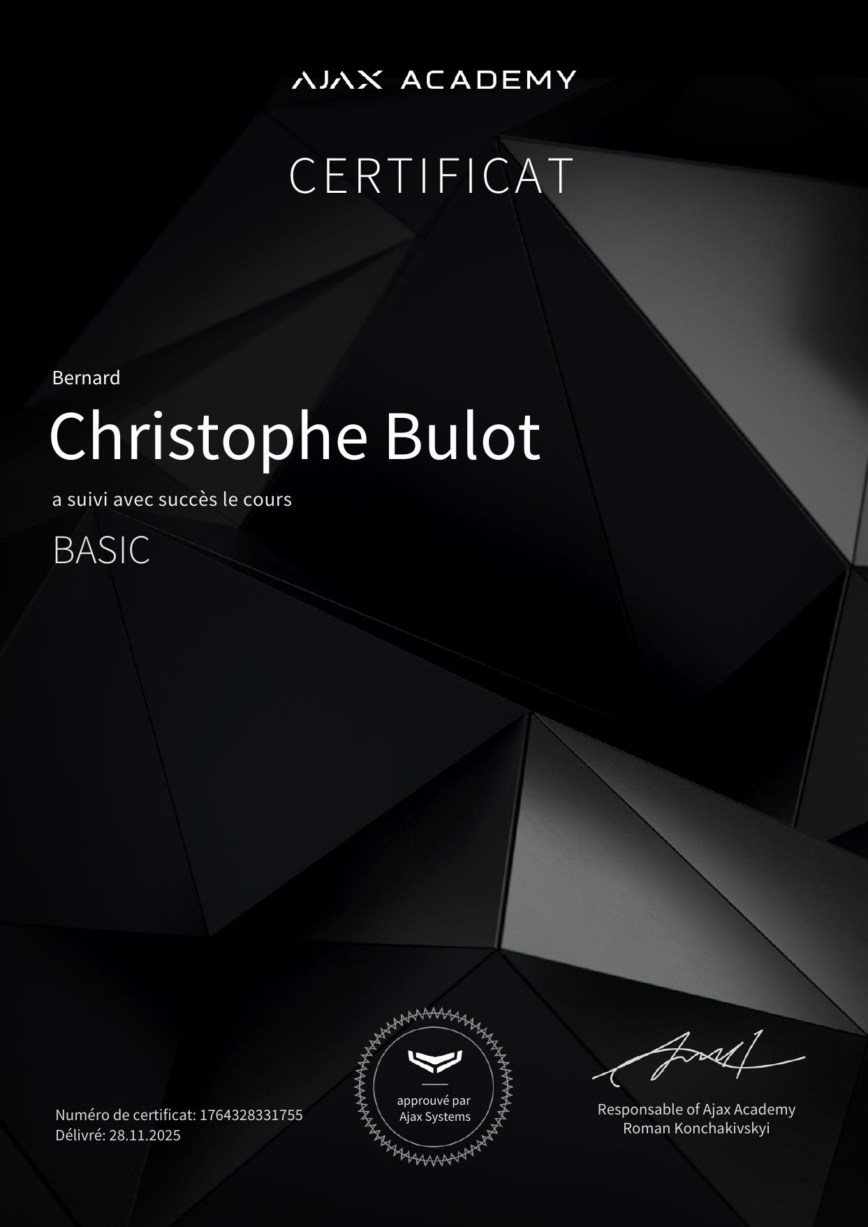 Certificat Ajax Basic Installer — Christophe Bulot
