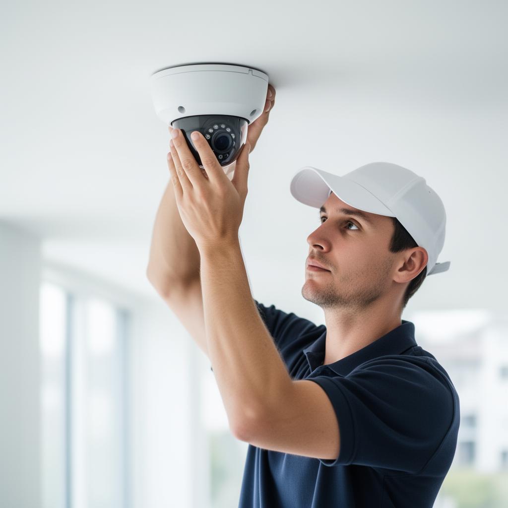 Technicien BERNARD certifié Ajax Systems installant une caméra de vidéosurveillance