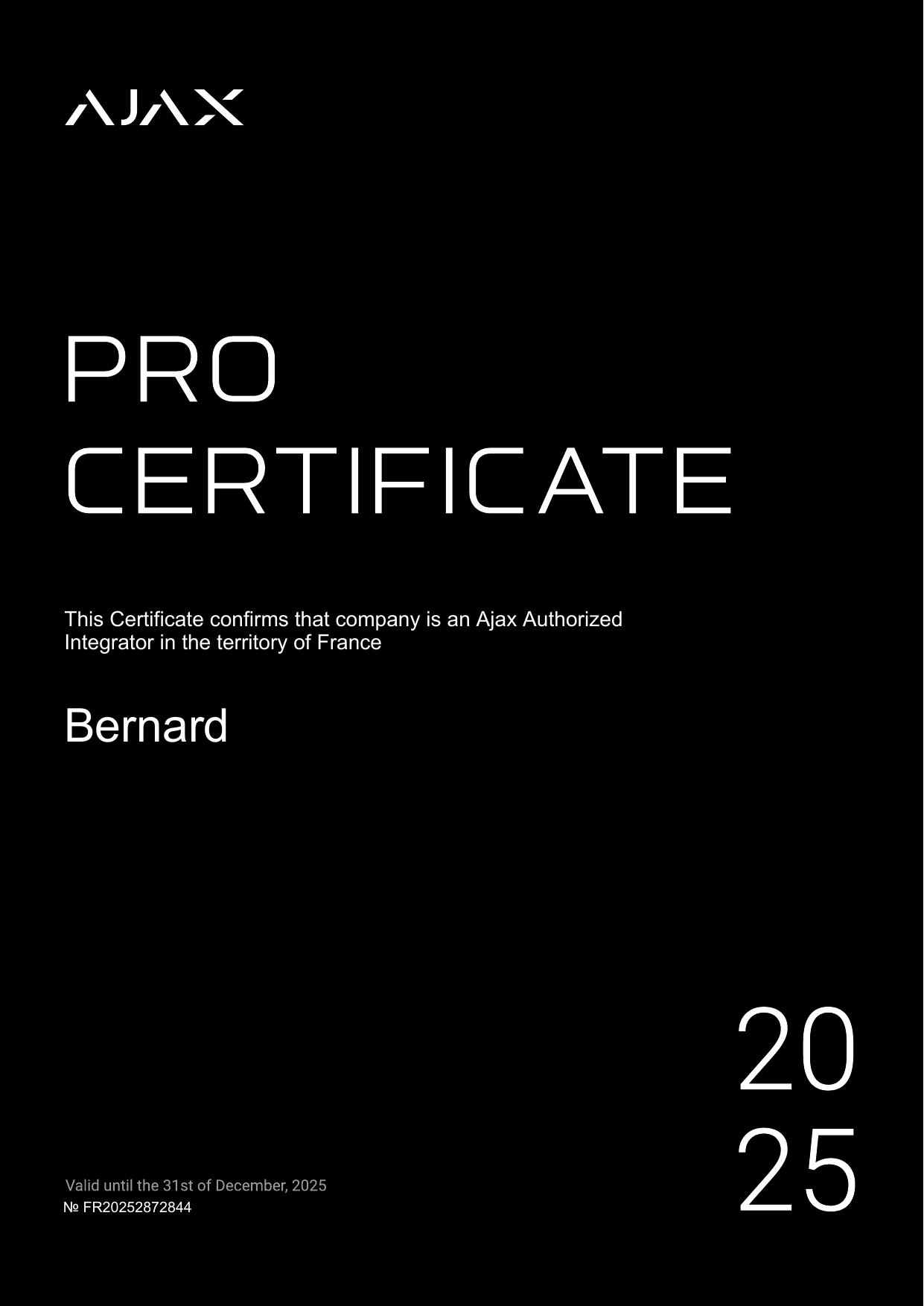 Certificat Ajax Authorized Partner — BERNARD Technology