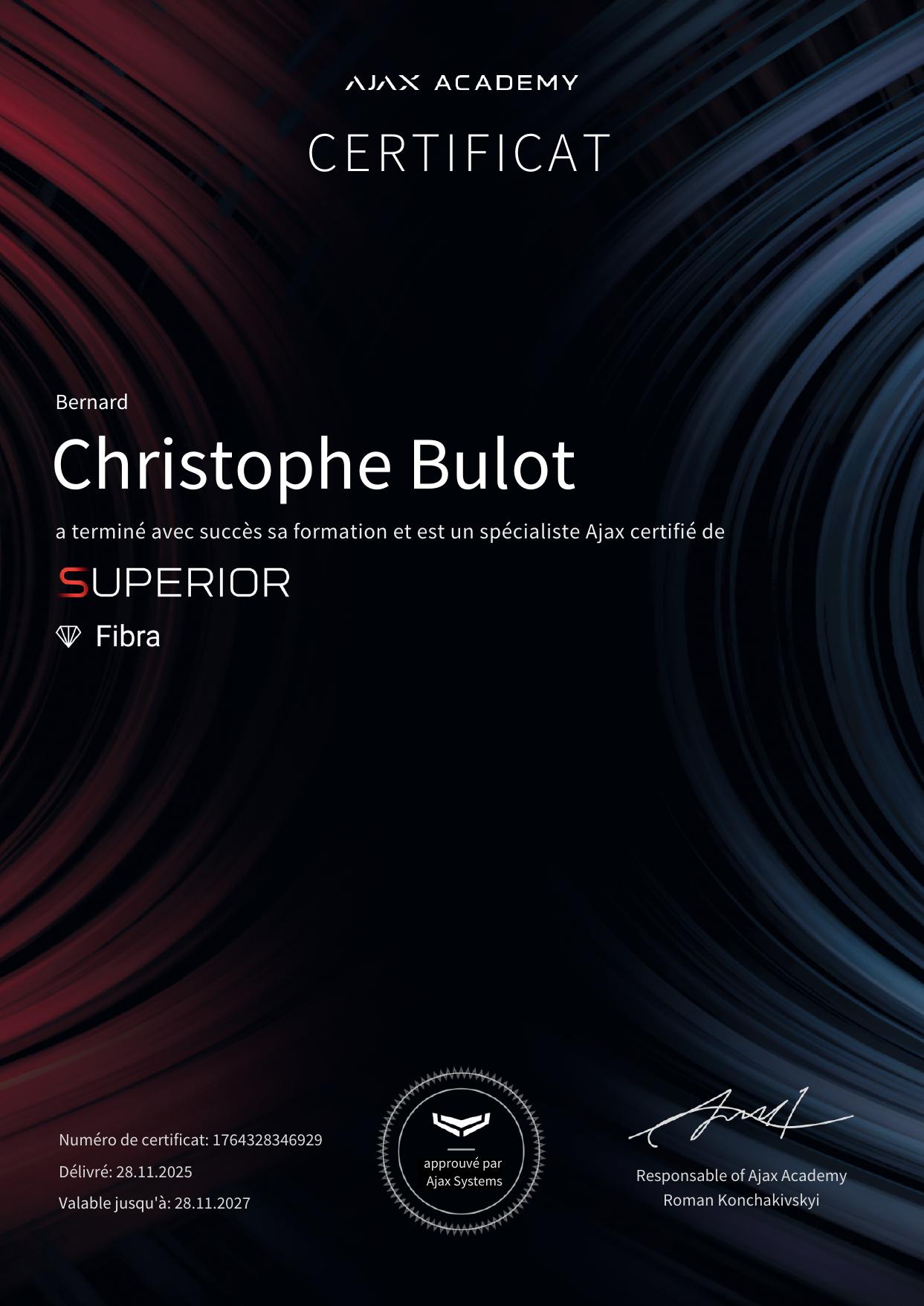 Certificat Ajax Superior Fibra Installer — Christophe Bulot