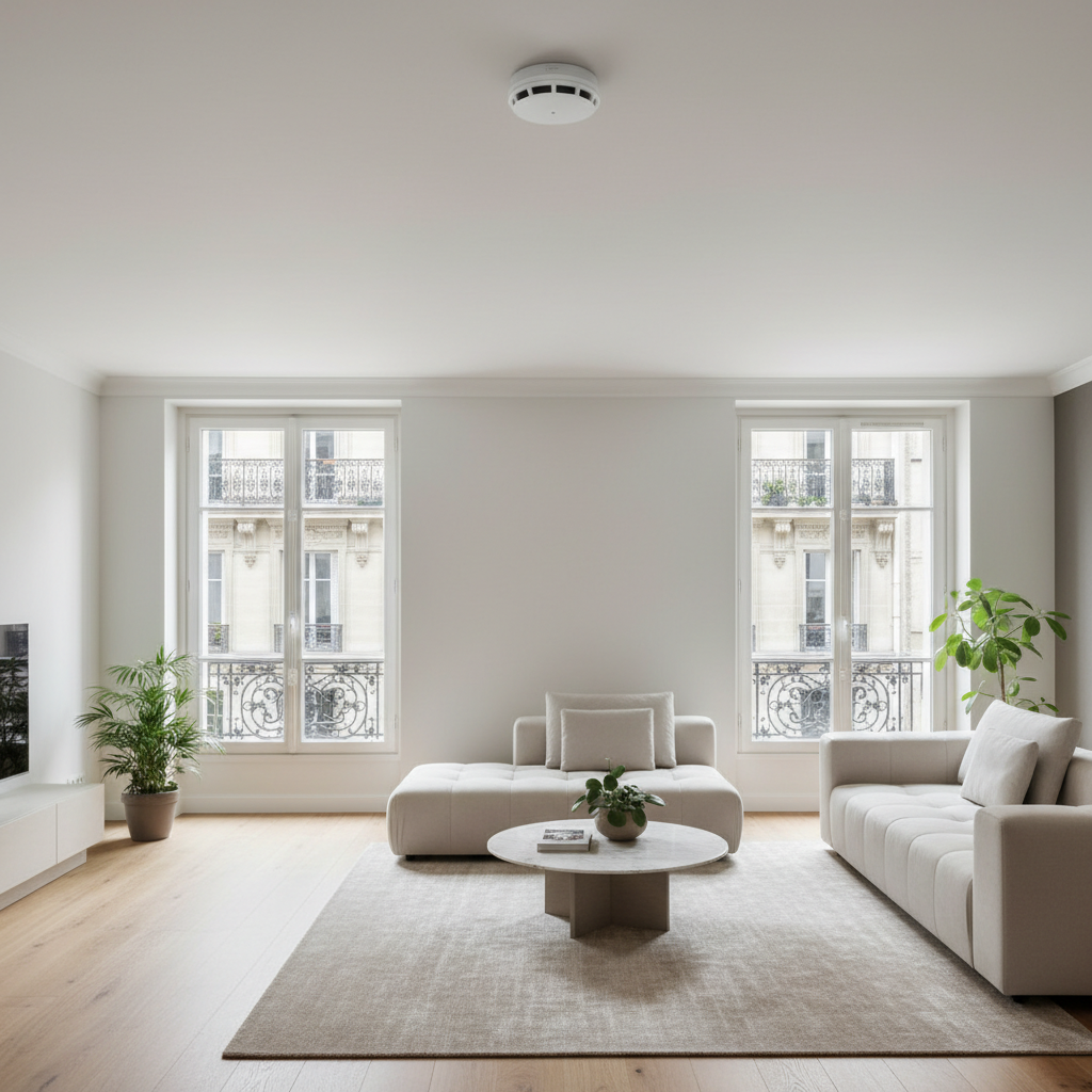 Détecteur de fumée et de chaleur Ajax FireProtect 2 installé discrètement au plafond d'un salon moderne
