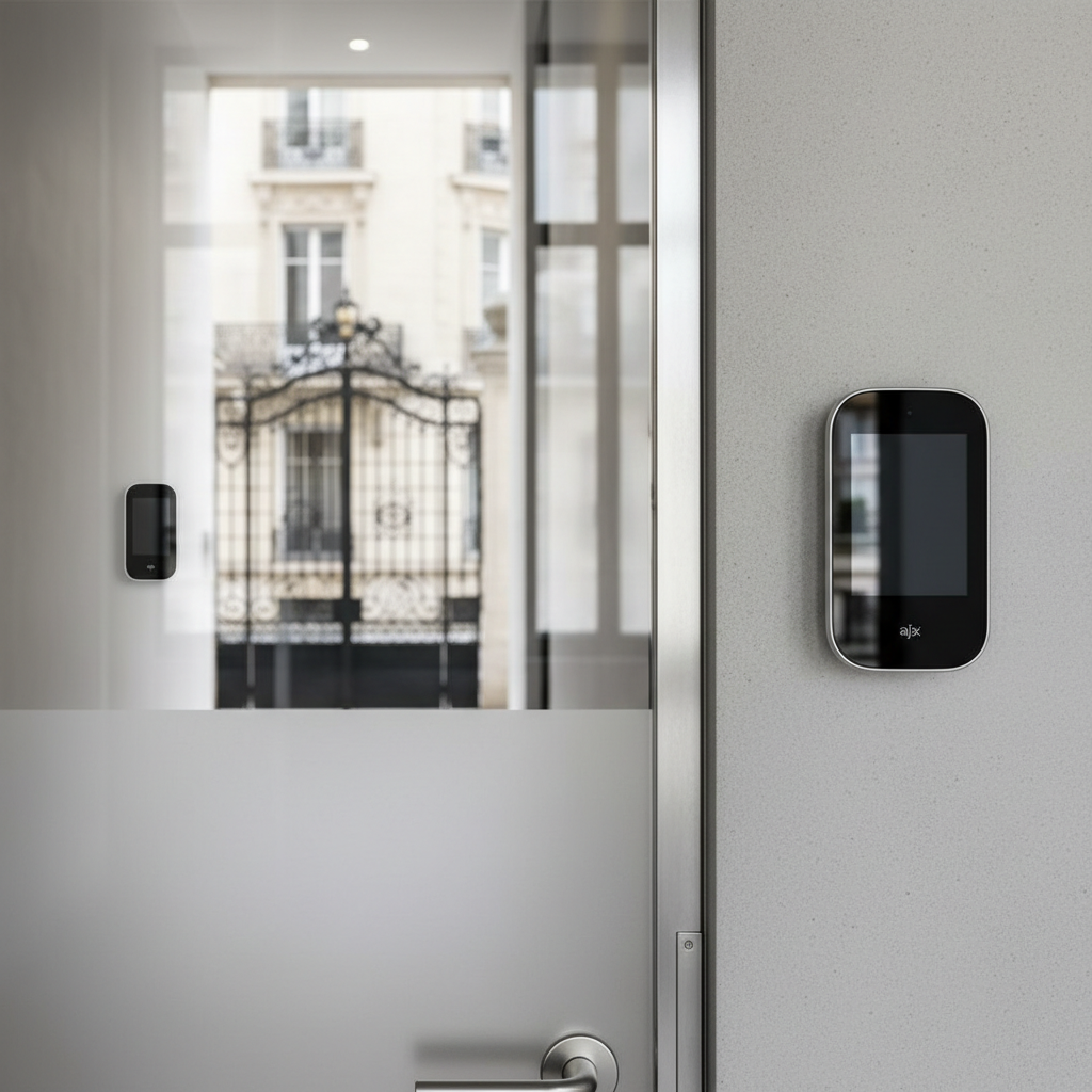 Clavier de contrôle d'accès Ajax KeyPad TouchScreen installé à l'entrée d'un bureau moderne