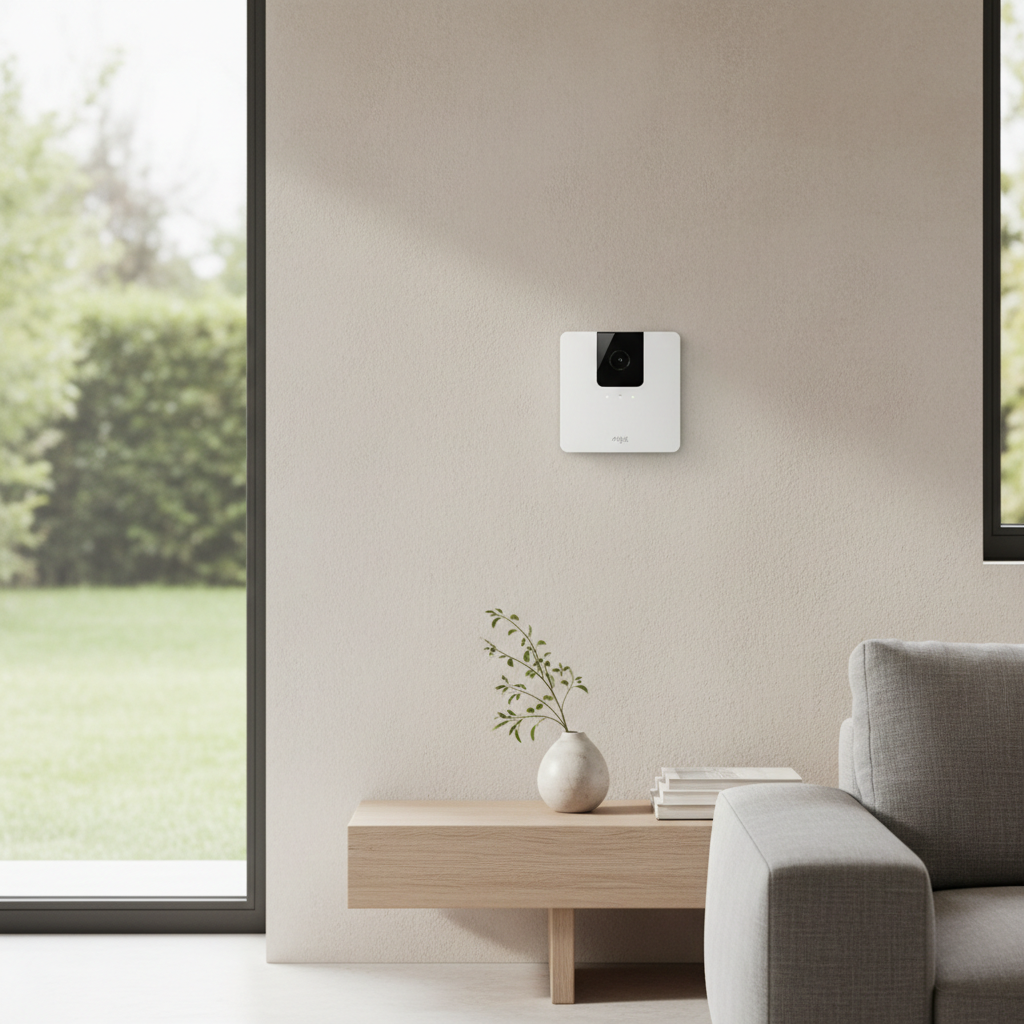 Centrale d'alarme Ajax Hub 2 Plus certifiée NF&A2P installée sur le mur d'un salon moderne.