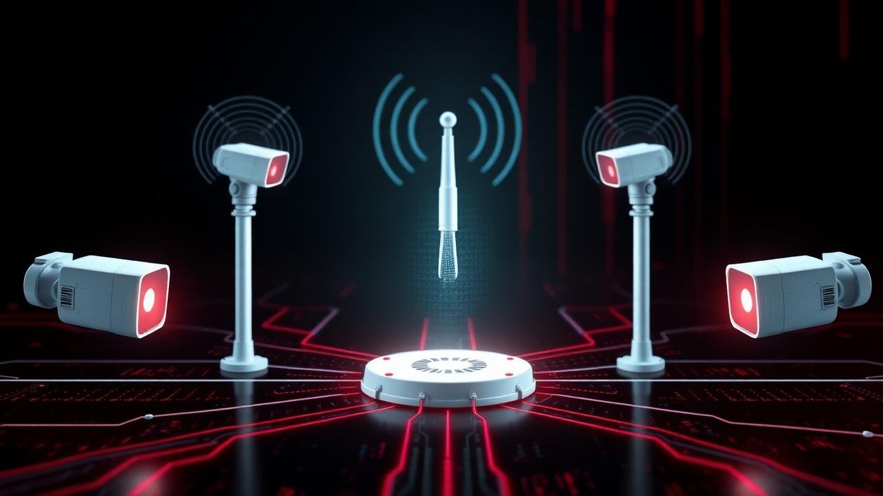 Représentation des liaisons radio chiffrées entre détecteurs et centrale d'alarme