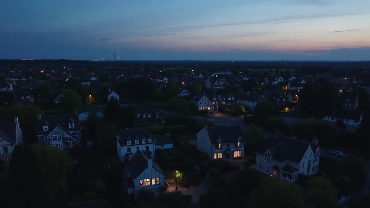 Vue aérienne au crépuscule d'un quartier pavillonnaire des Hauts-de-Seine